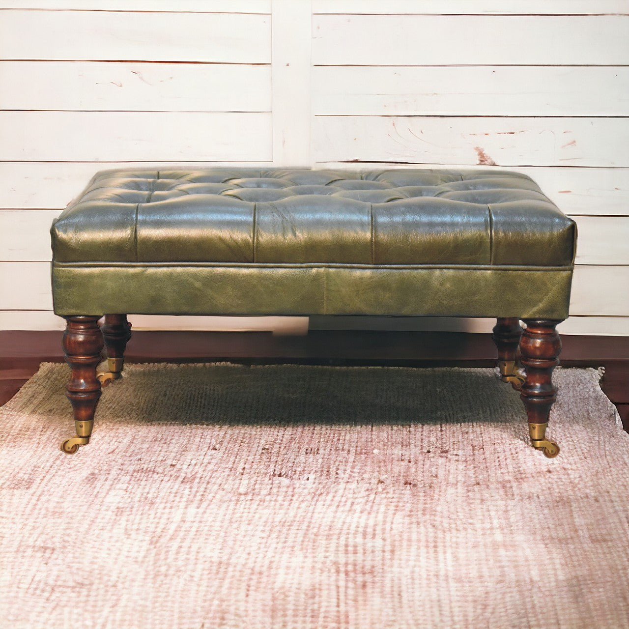 Buffalo Green Leather Ottoman with Castor Legs