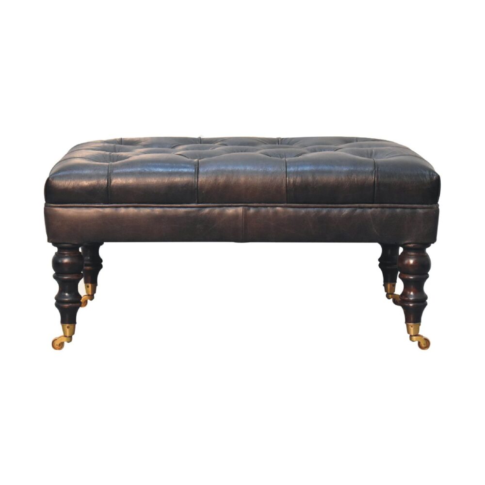 Buffalo Ash Black Leather Ottoman with Castor Legs