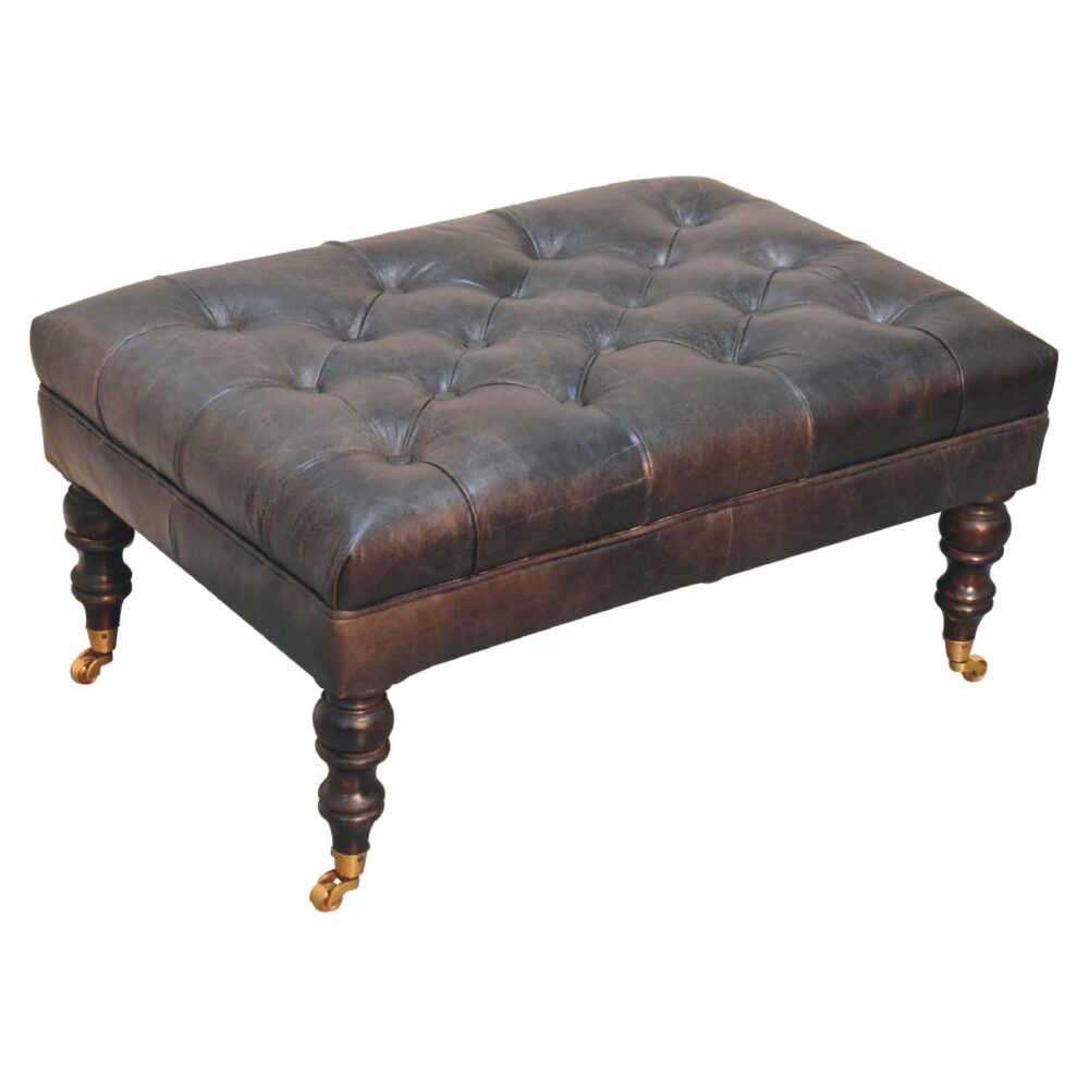 Buffalo Ash Black Leather Ottoman with Castor Legs