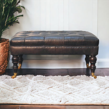 Buffalo Ash Black Leather Ottoman with Castor Legs