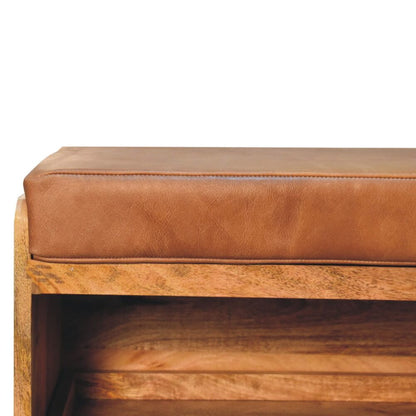 Buffalo Hide Pull out Oak-ish Shoe Storage Bench