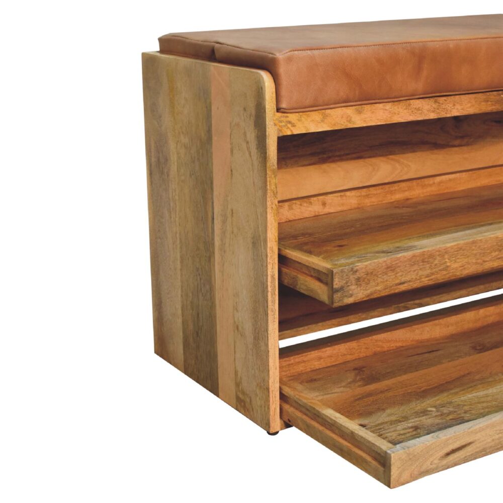 Buffalo Hide Pull out Oak-ish Shoe Storage Bench