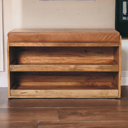 Buffalo Hide Pull out Oak-ish Shoe Storage Bench